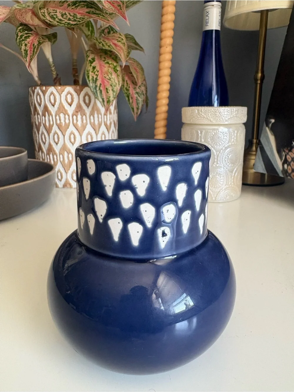 Handcrafted Deep Blue Ceramic Vase with White Accent Pattern